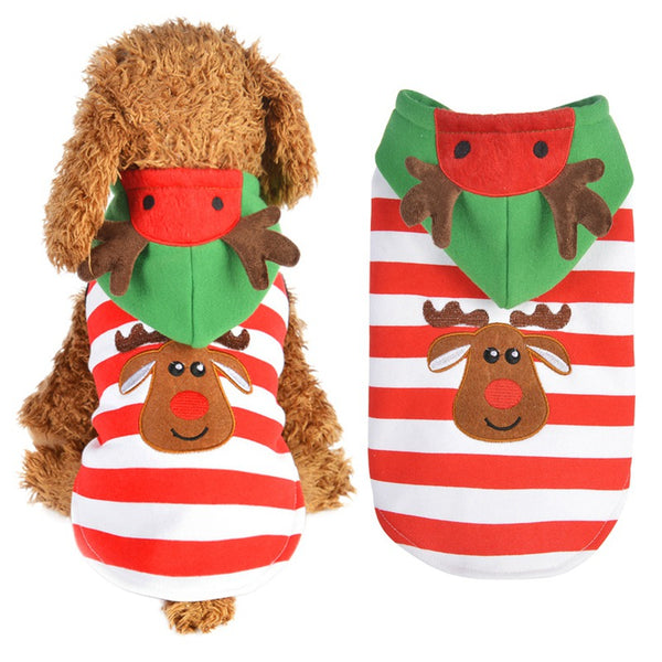 Pet Dog Clothes Christmas Costume Cute Cartoon Clothes Hoodie Striped Style Warm Clothes Elk Xmas Puppy Coat